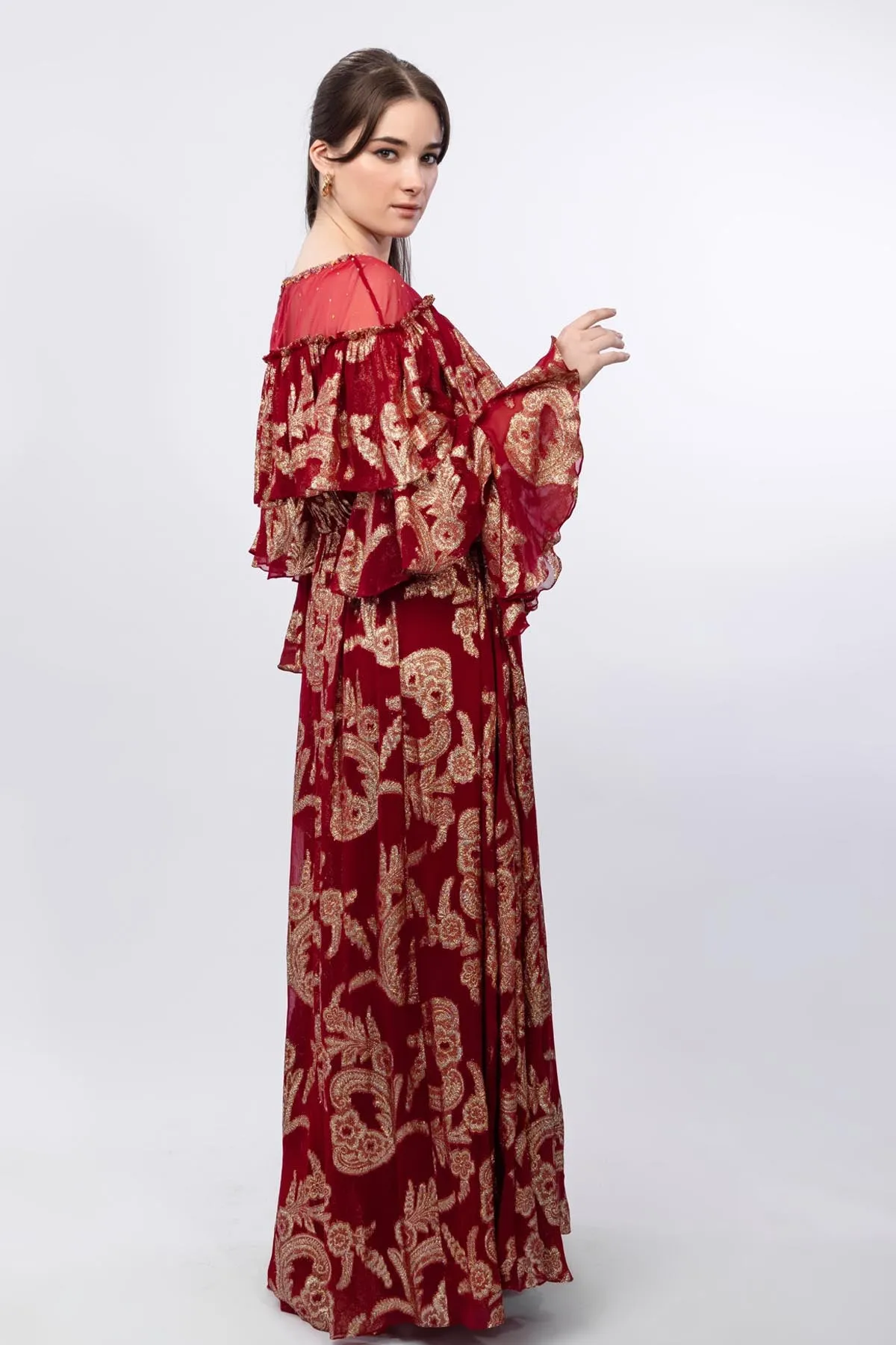 Red Tiered Sleeve Gown