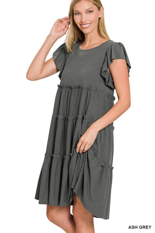 Ruffle Tiered Dress - ash grey, butter orange