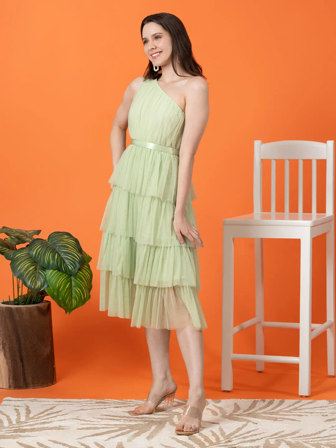 Sea Green Off-Shoulder Mesh Dress