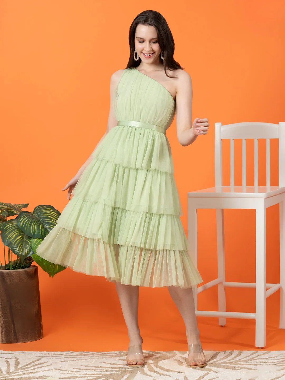 Sea Green Off-Shoulder Mesh Dress