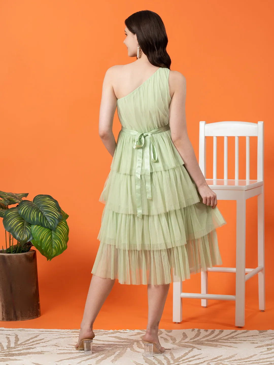 Sea Green Off-Shoulder Mesh Dress