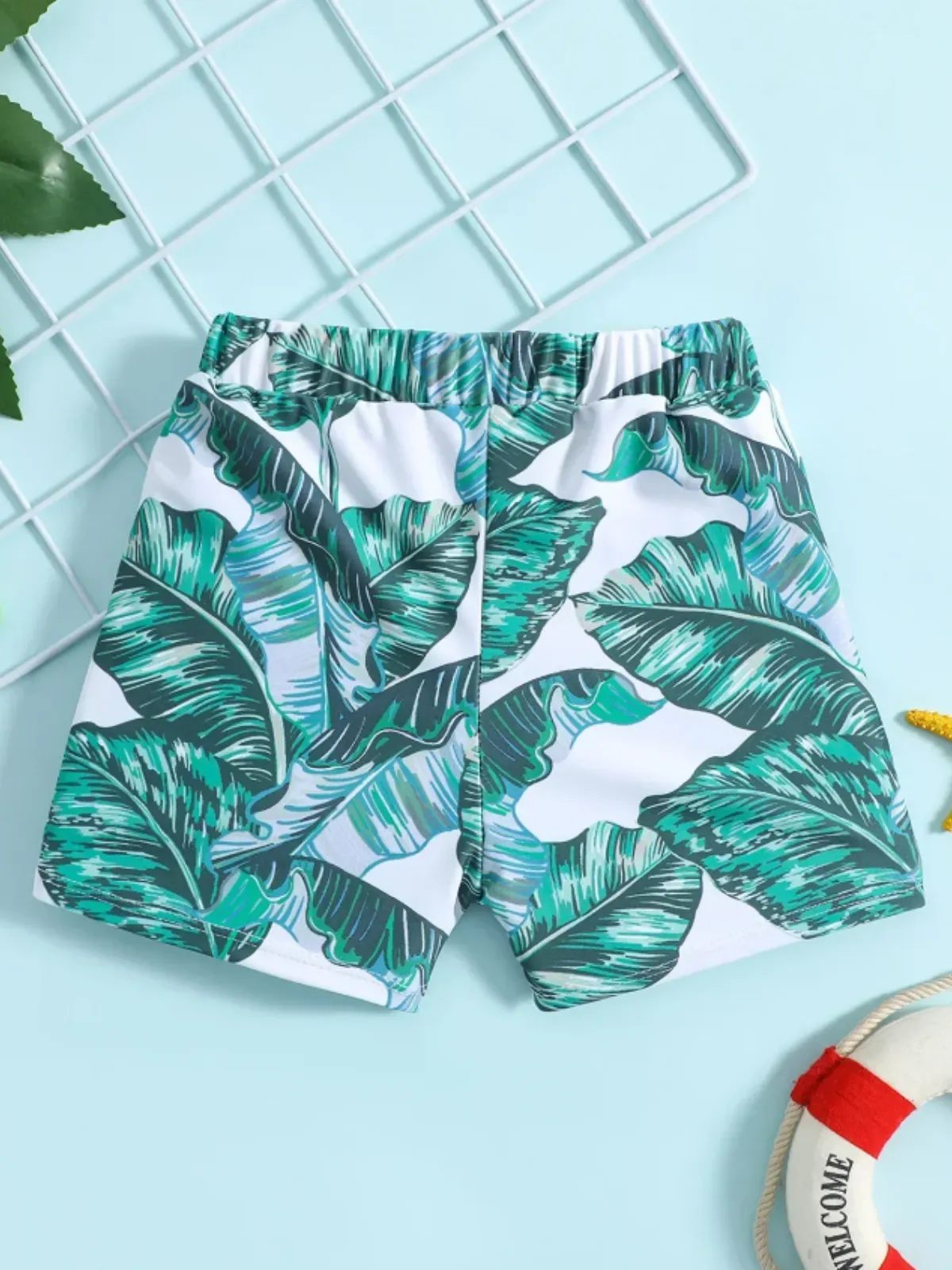 Shade Of Green Boys Palm Print Swim Trunks