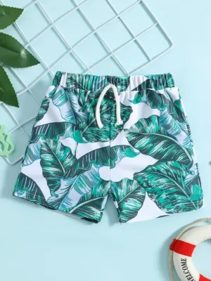 Shade Of Green Boys Palm Print Swim Trunks