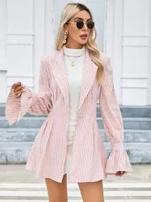 SHEIN Privé Striped Print Flounce Sleeve Blazer