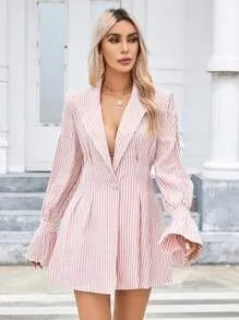 SHEIN Privé Striped Print Flounce Sleeve Blazer