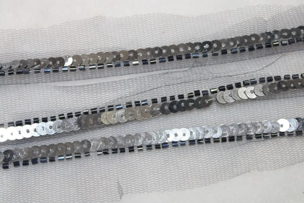 Silver Sequins and Beads Work Embroidered Border