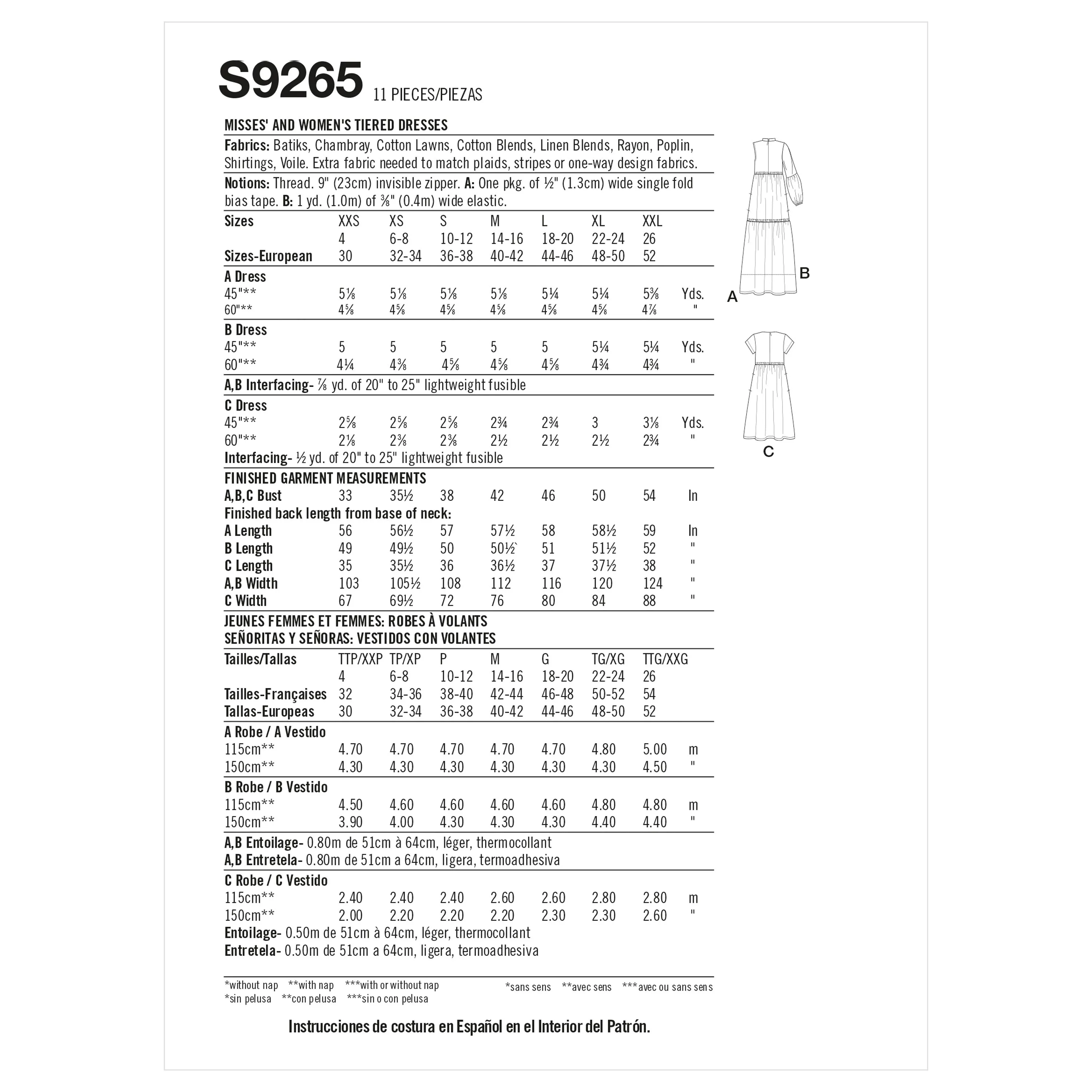 Simplicity S9265 Misses' & Women's Tiered Dresses (XXS-XS-S-M-L-XL-XXL)