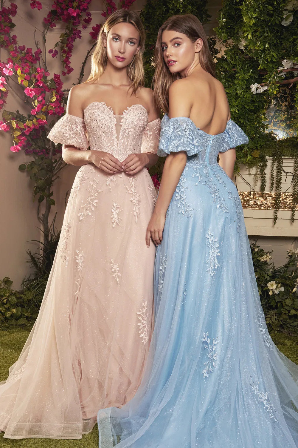 Strapless Willow Embroidered V-Neck Bodice With Puff Sleeves A-Line Floral Prom & Bridesmaid Dress Cda1046