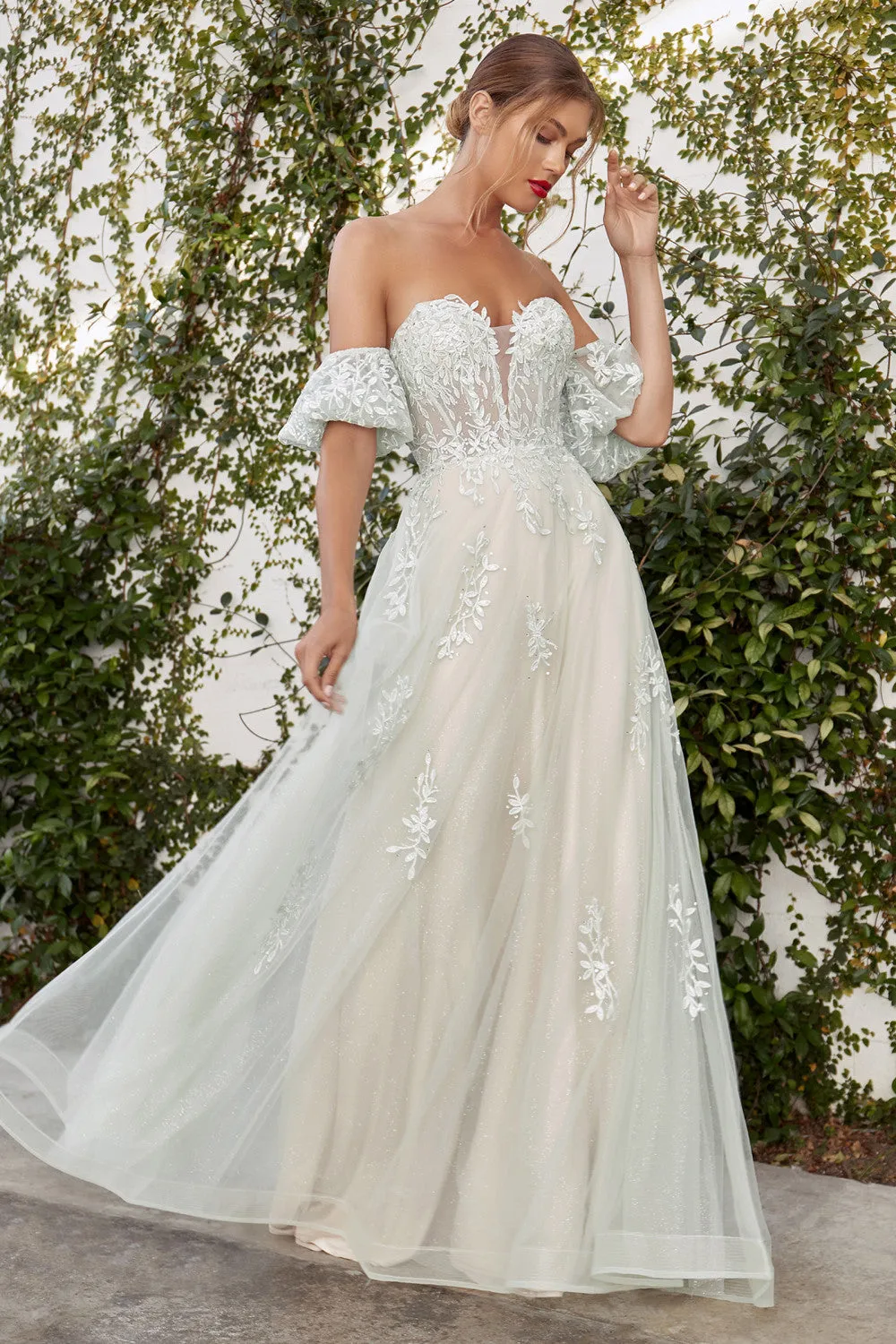 Strapless Willow Embroidered V-Neck Bodice With Puff Sleeves A-Line Floral Prom & Bridesmaid Dress Cda1046