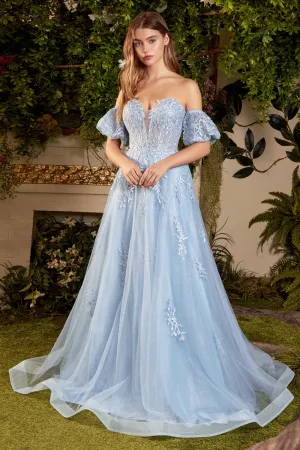 Strapless Willow Embroidered V-Neck Bodice With Puff Sleeves A-Line Floral Prom & Bridesmaid Dress Cda1046