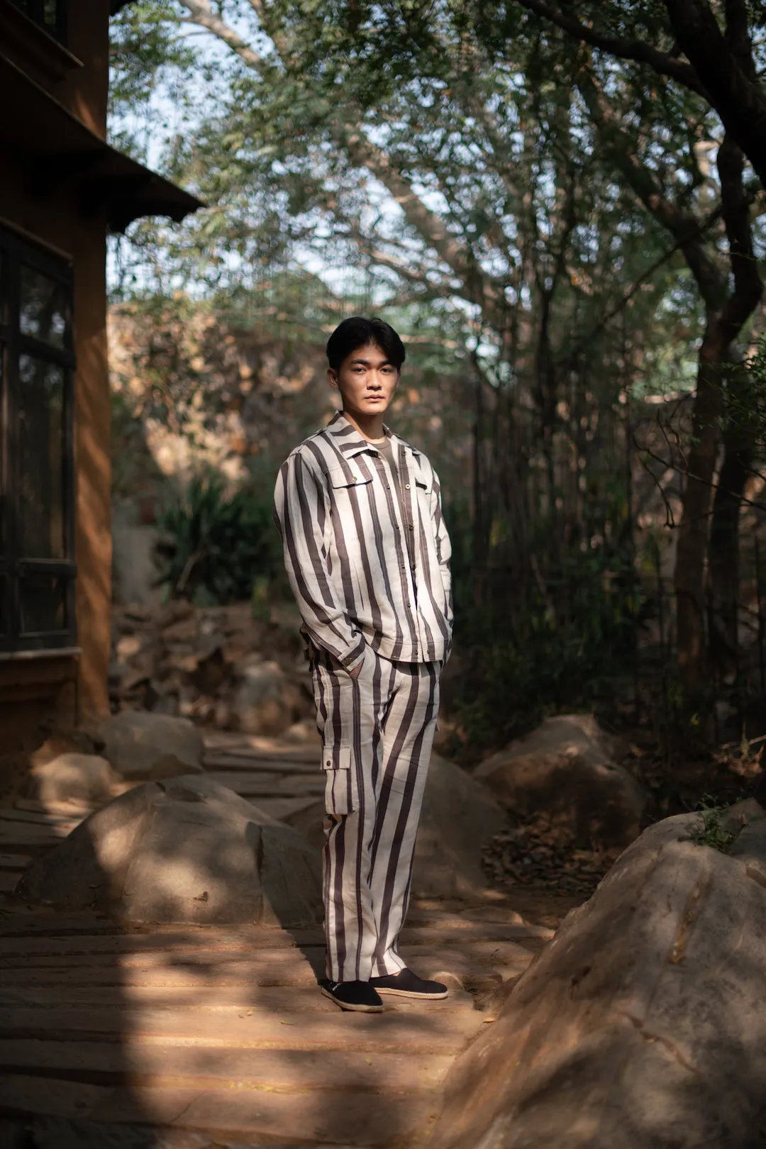 The Terra Tribe Grey Linen Twill Stripes Collingwood Oversized Jacket for Men