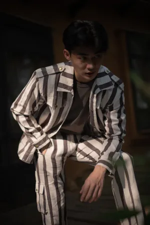 The Terra Tribe Grey Linen Twill Stripes Collingwood Oversized Jacket for Men