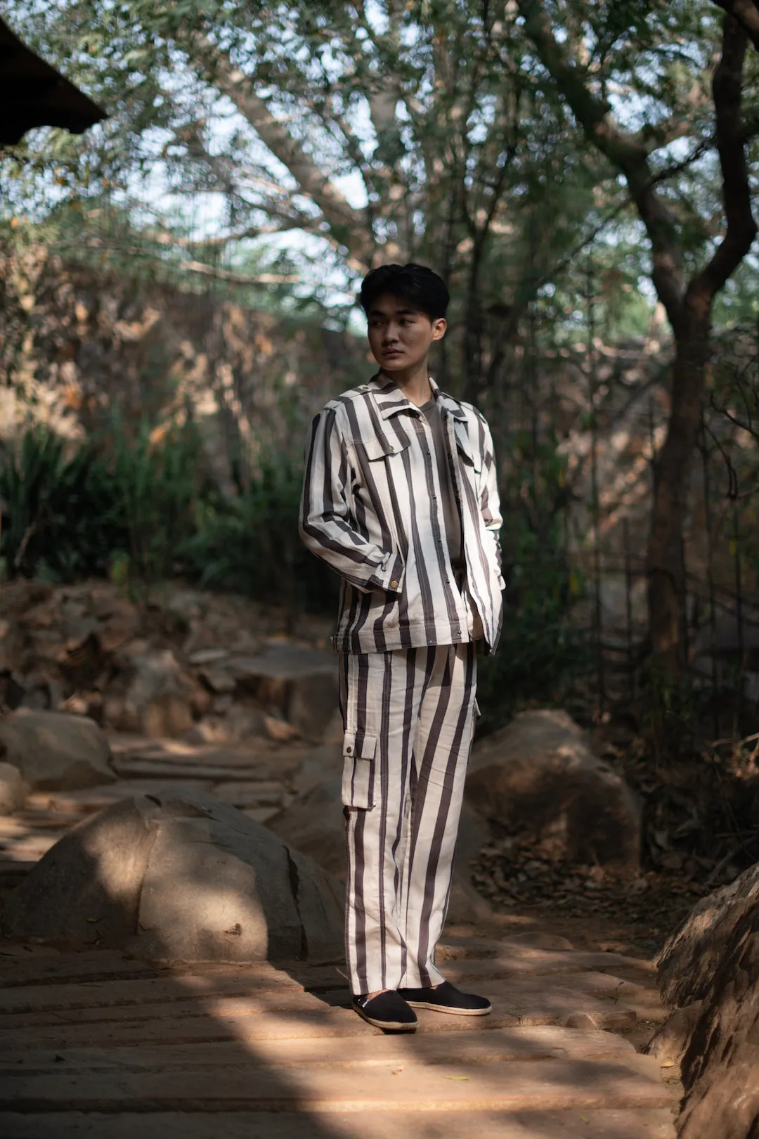 The Terra Tribe Grey Linen Twill Stripes Collingwood Oversized Jacket for Men