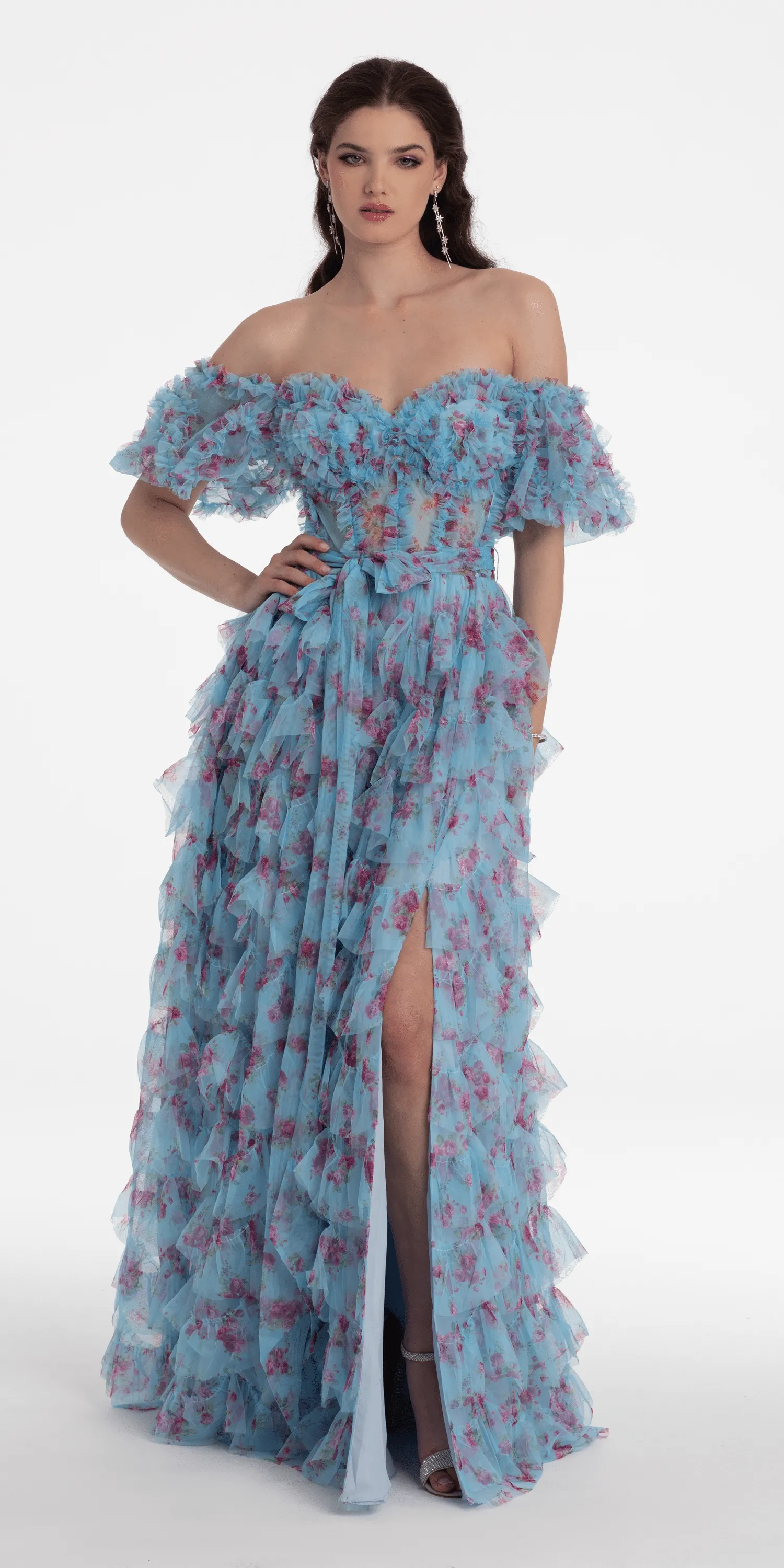 Tiered Floral Print Off the Shoulder Mesh Ballgown