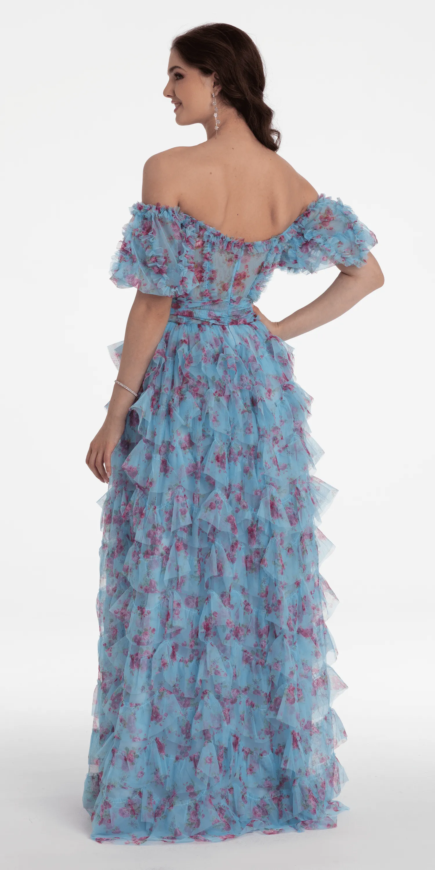 Tiered Floral Print Off the Shoulder Mesh Ballgown