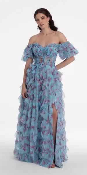 Tiered Floral Print Off the Shoulder Mesh Ballgown