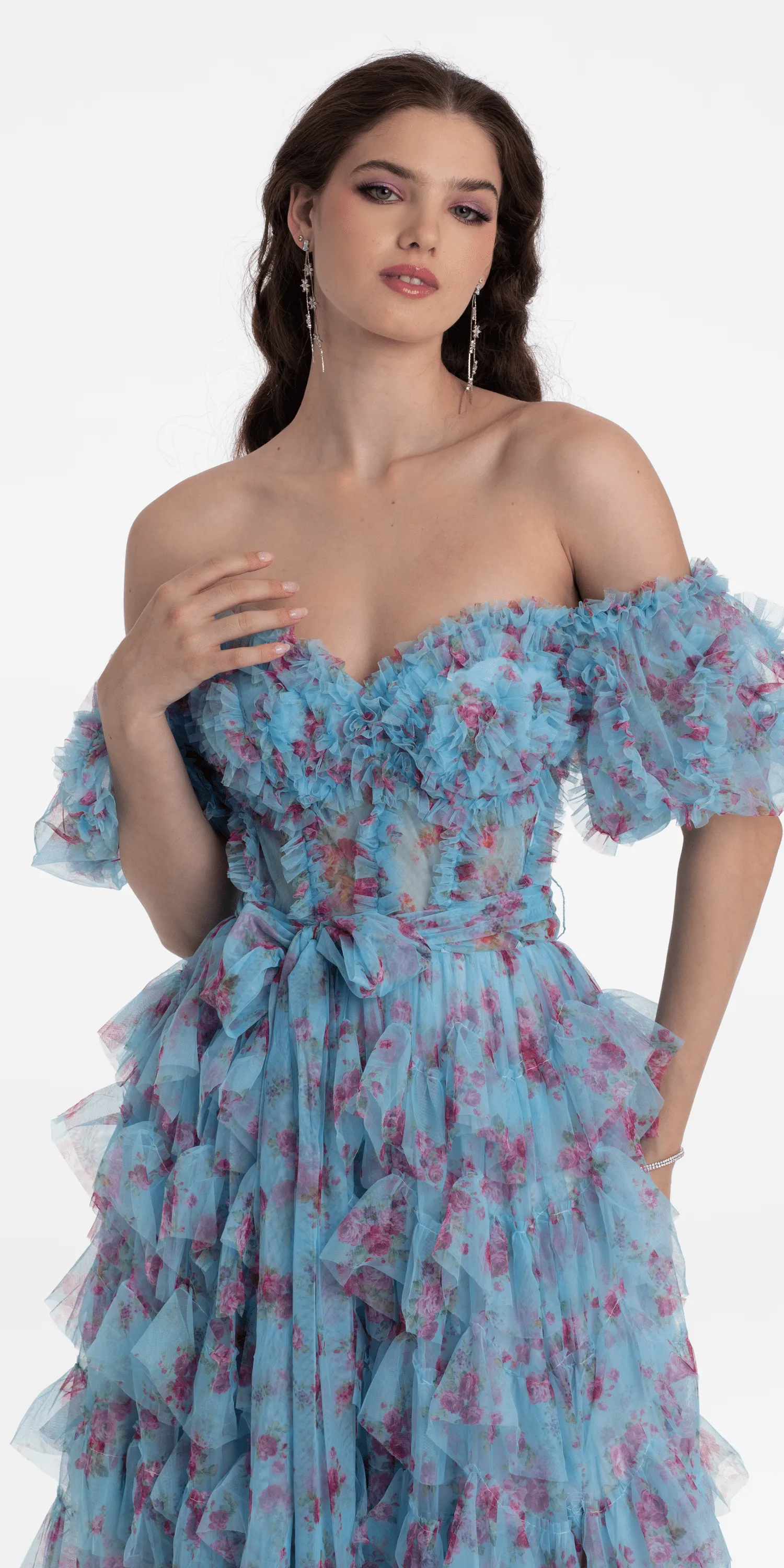 Tiered Floral Print Off the Shoulder Mesh Ballgown