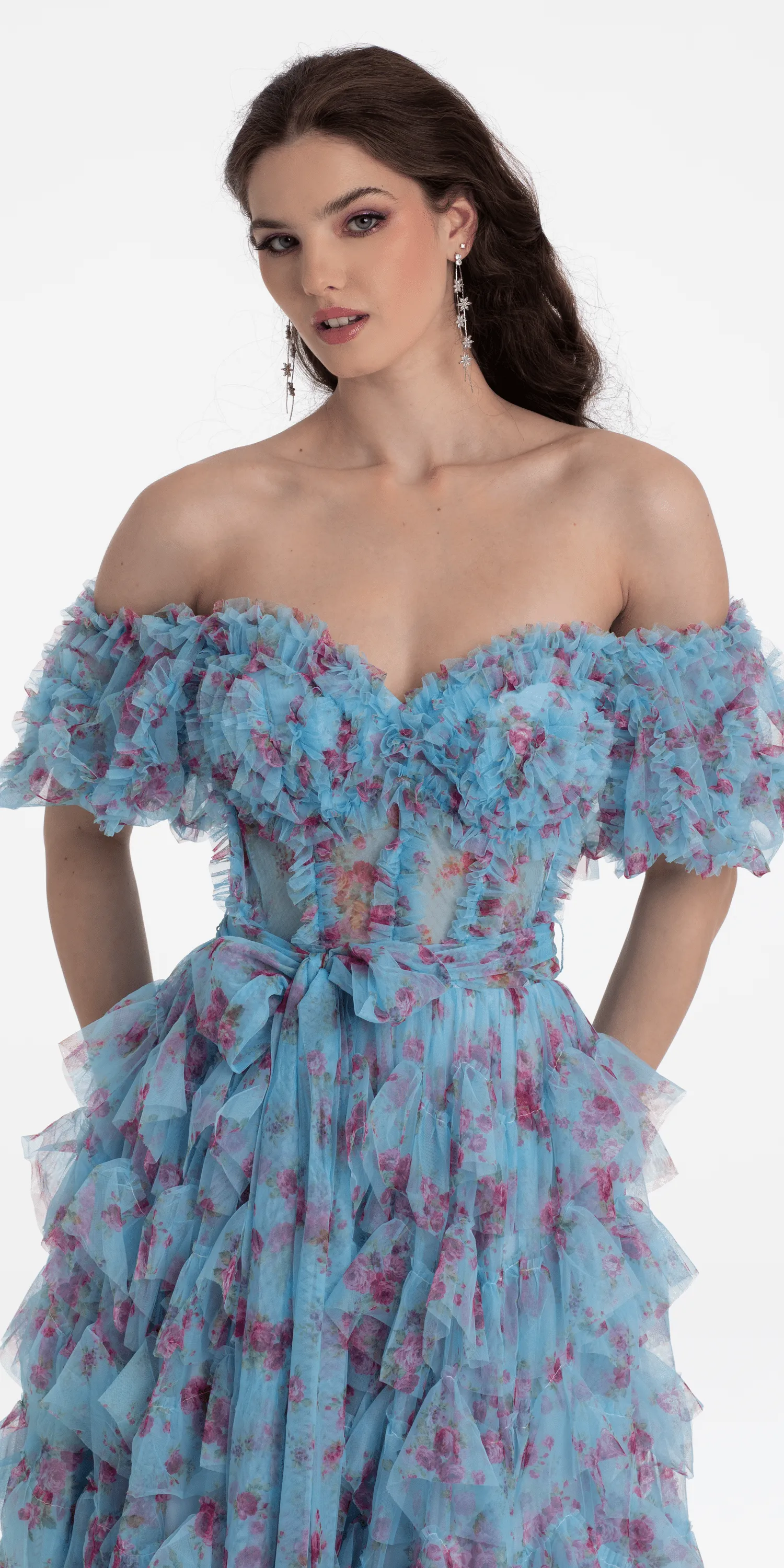 Tiered Floral Print Off the Shoulder Mesh Ballgown