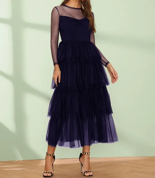 Twist Front Layered Ruffle Hem Sheer Mesh Dress