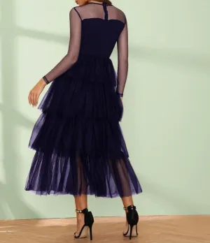 Twist Front Layered Ruffle Hem Sheer Mesh Dress