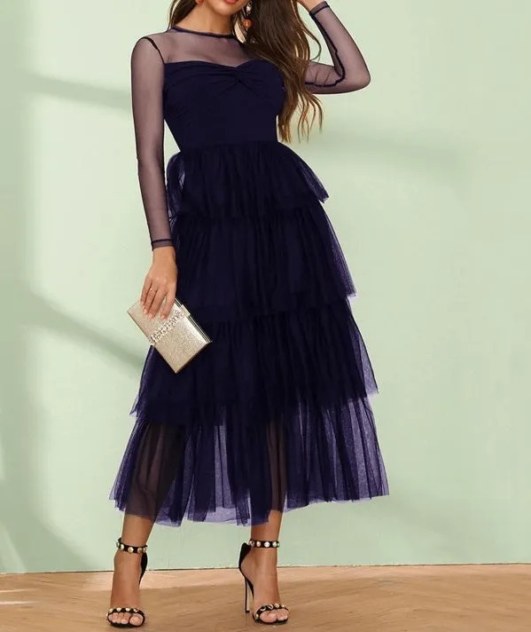 Twist Front Layered Ruffle Hem Sheer Mesh Dress
