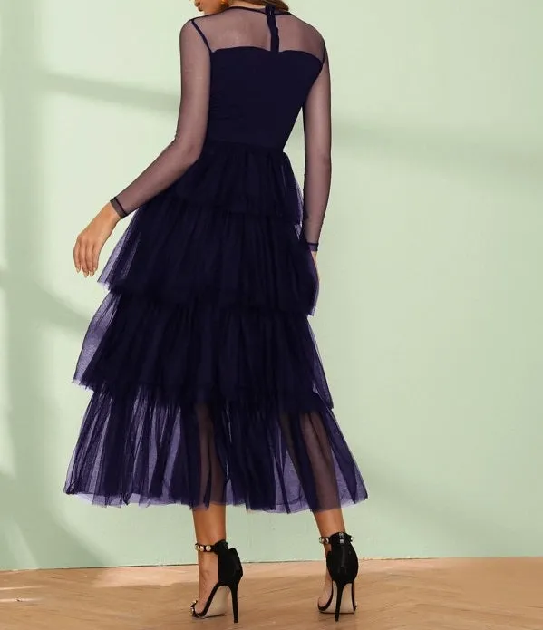 Twist Front Layered Ruffle Hem Sheer Mesh Dress
