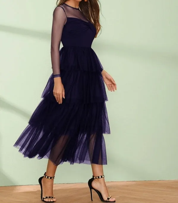Twist Front Layered Ruffle Hem Sheer Mesh Dress