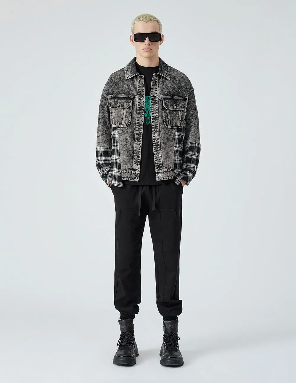 Unisex's Plaid Stitching Denim Jacket