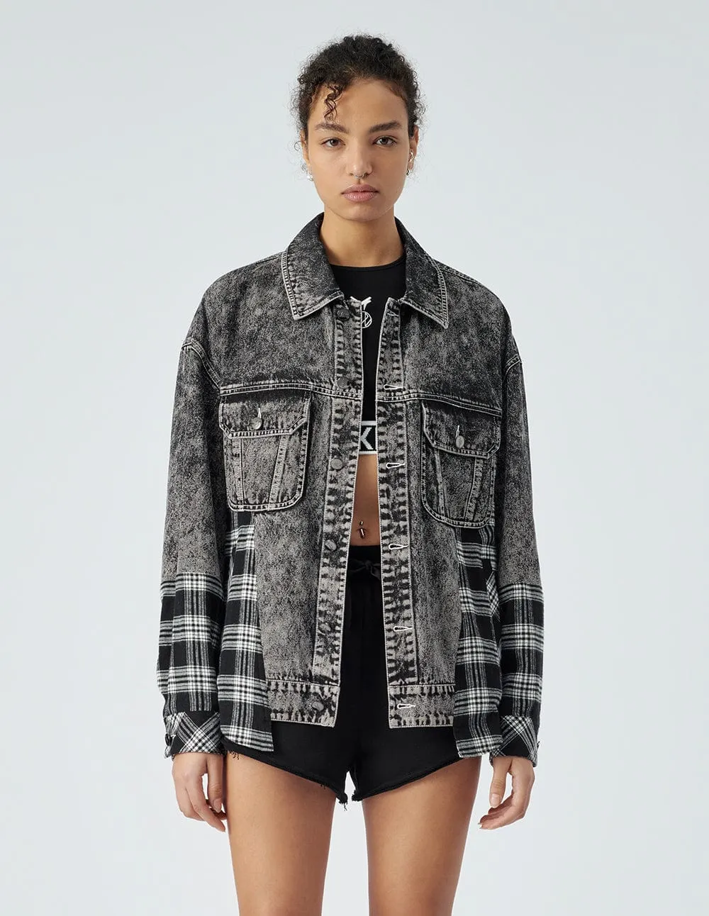 Unisex's Plaid Stitching Denim Jacket