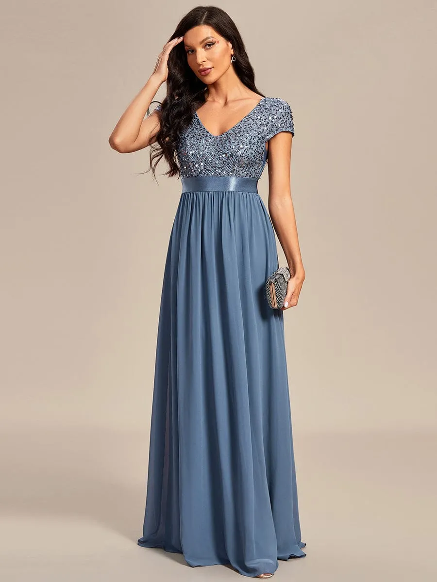 V-Neck Cap Sleeve Sequin & Chiffon Empire Waist Evening Dress