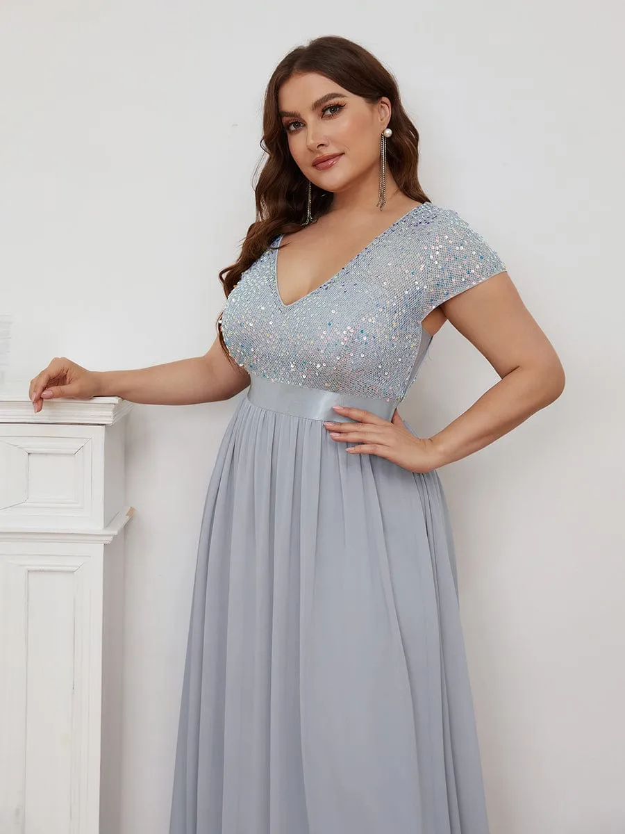 V-Neck Cap Sleeve Sequin & Chiffon Empire Waist Evening Dress
