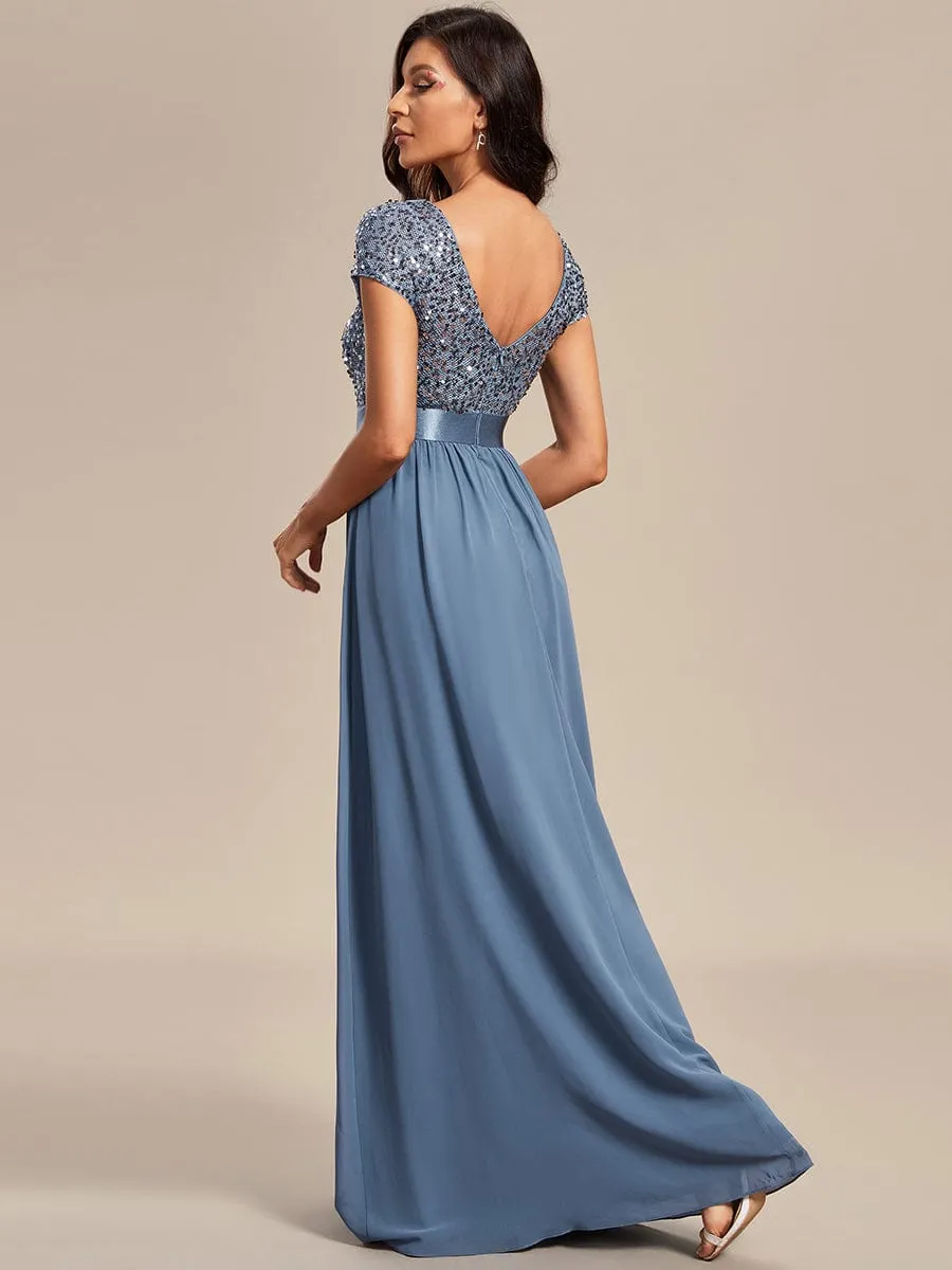 V-Neck Cap Sleeve Sequin & Chiffon Empire Waist Evening Dress