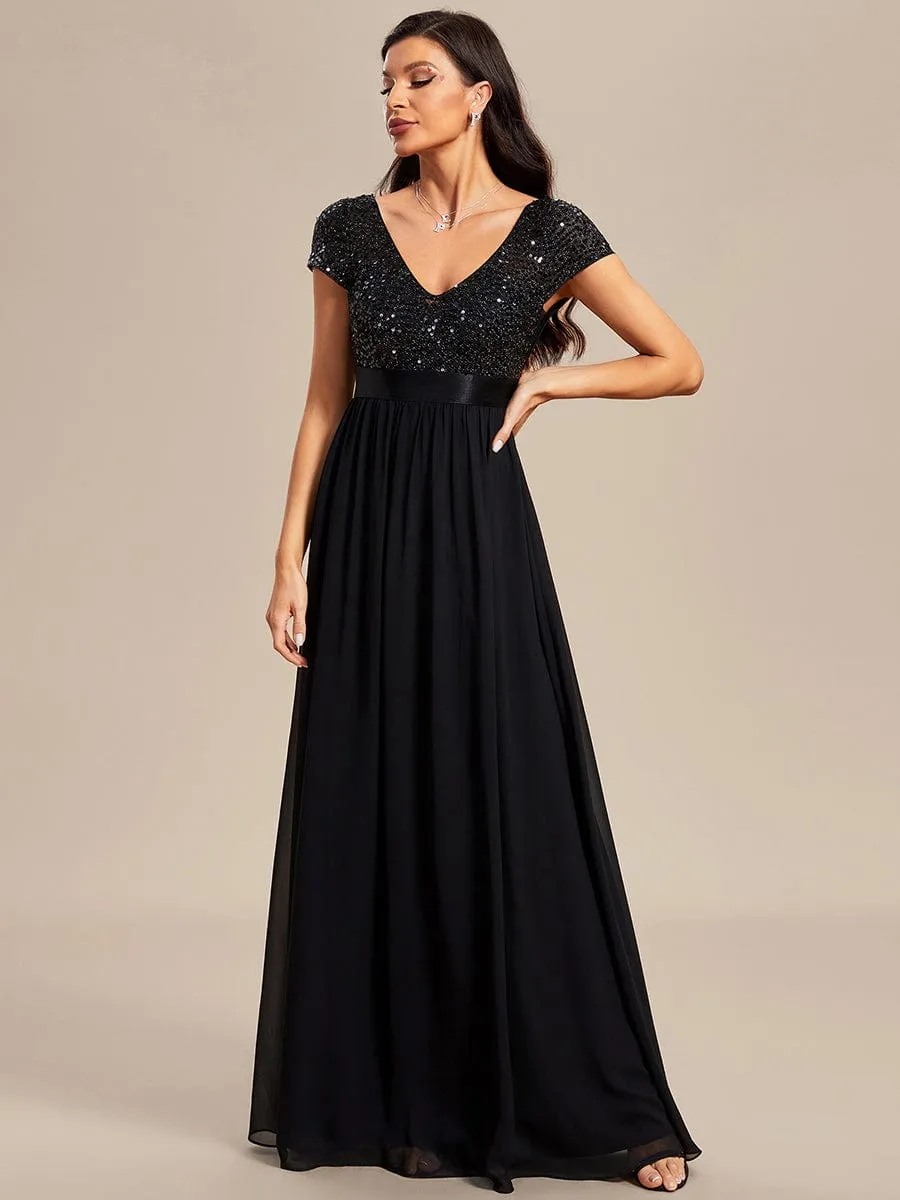 V-Neck Cap Sleeve Sequin & Chiffon Empire Waist Evening Dress