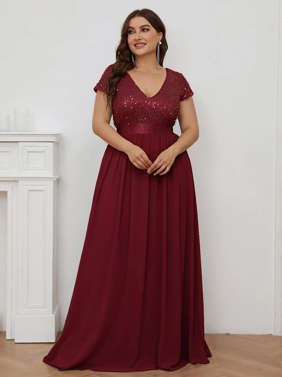V-Neck Cap Sleeve Sequin & Chiffon Empire Waist Evening Dress