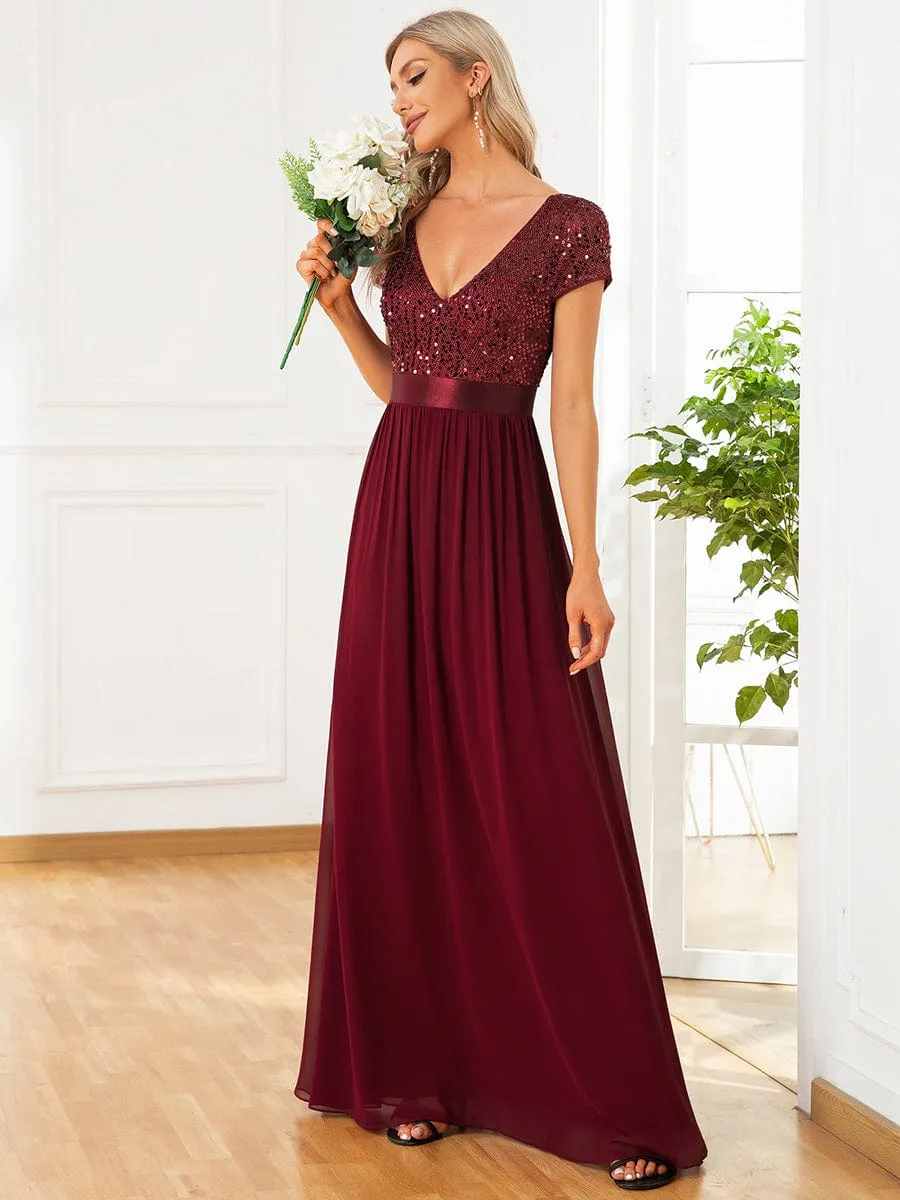 V-Neck Cap Sleeve Sequin & Chiffon Empire Waist Evening Dress