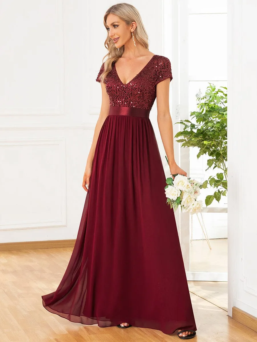 V-Neck Cap Sleeve Sequin & Chiffon Empire Waist Evening Dress