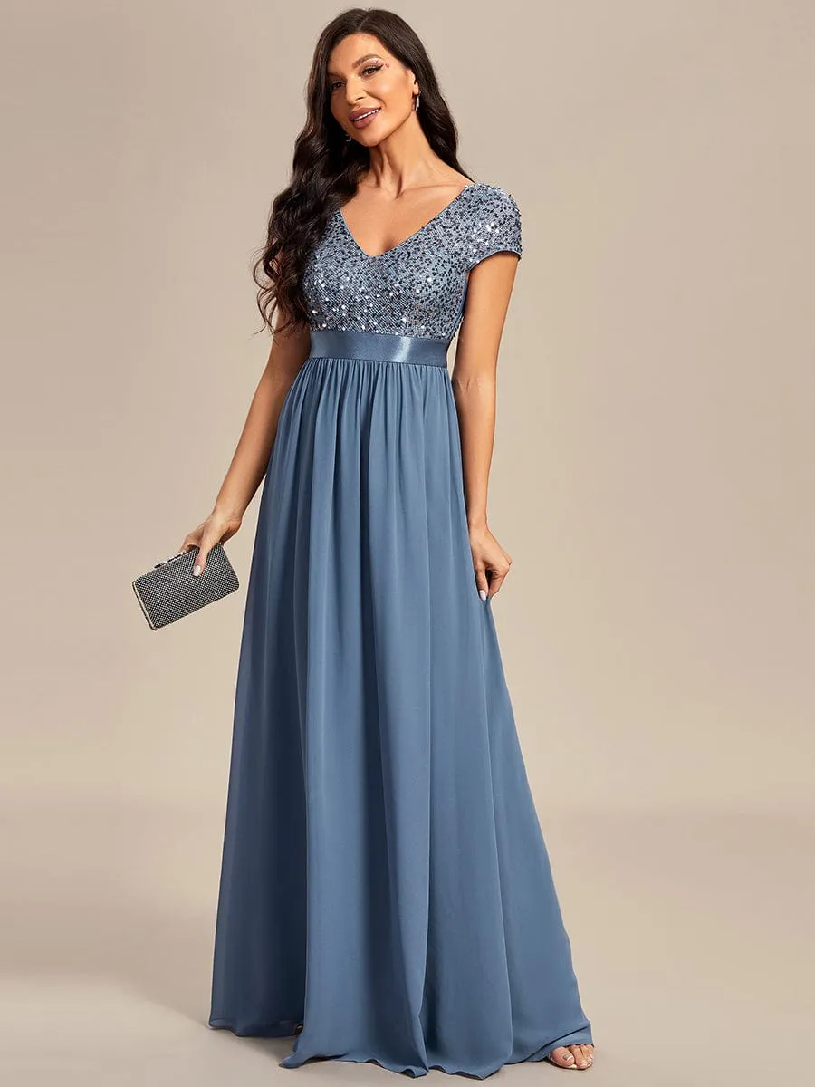 V-Neck Cap Sleeve Sequin & Chiffon Empire Waist Evening Dress