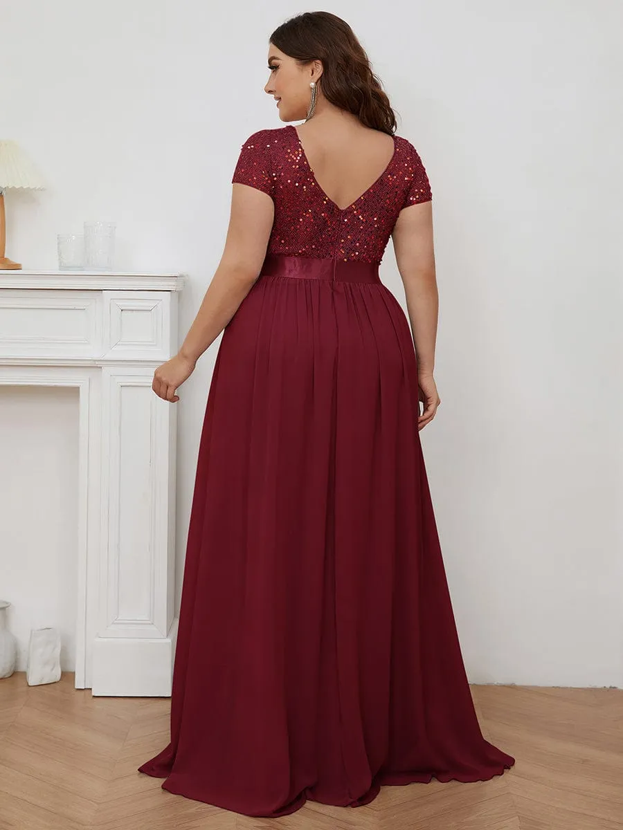 V-Neck Cap Sleeve Sequin & Chiffon Empire Waist Evening Dress
