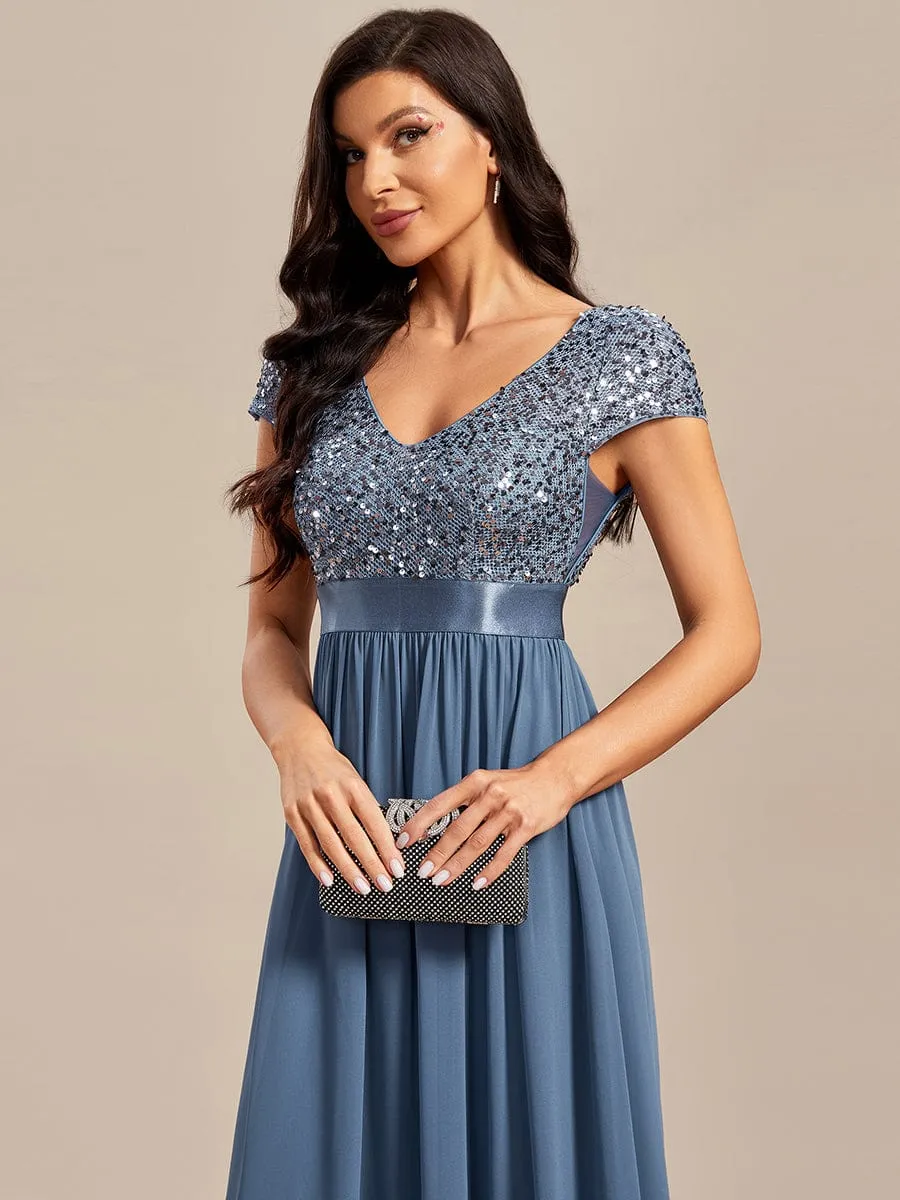 V-Neck Cap Sleeve Sequin & Chiffon Empire Waist Evening Dress