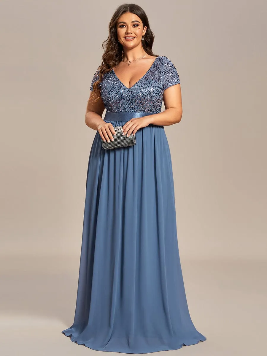 V-Neck Cap Sleeve Sequin & Chiffon Empire Waist Evening Dress