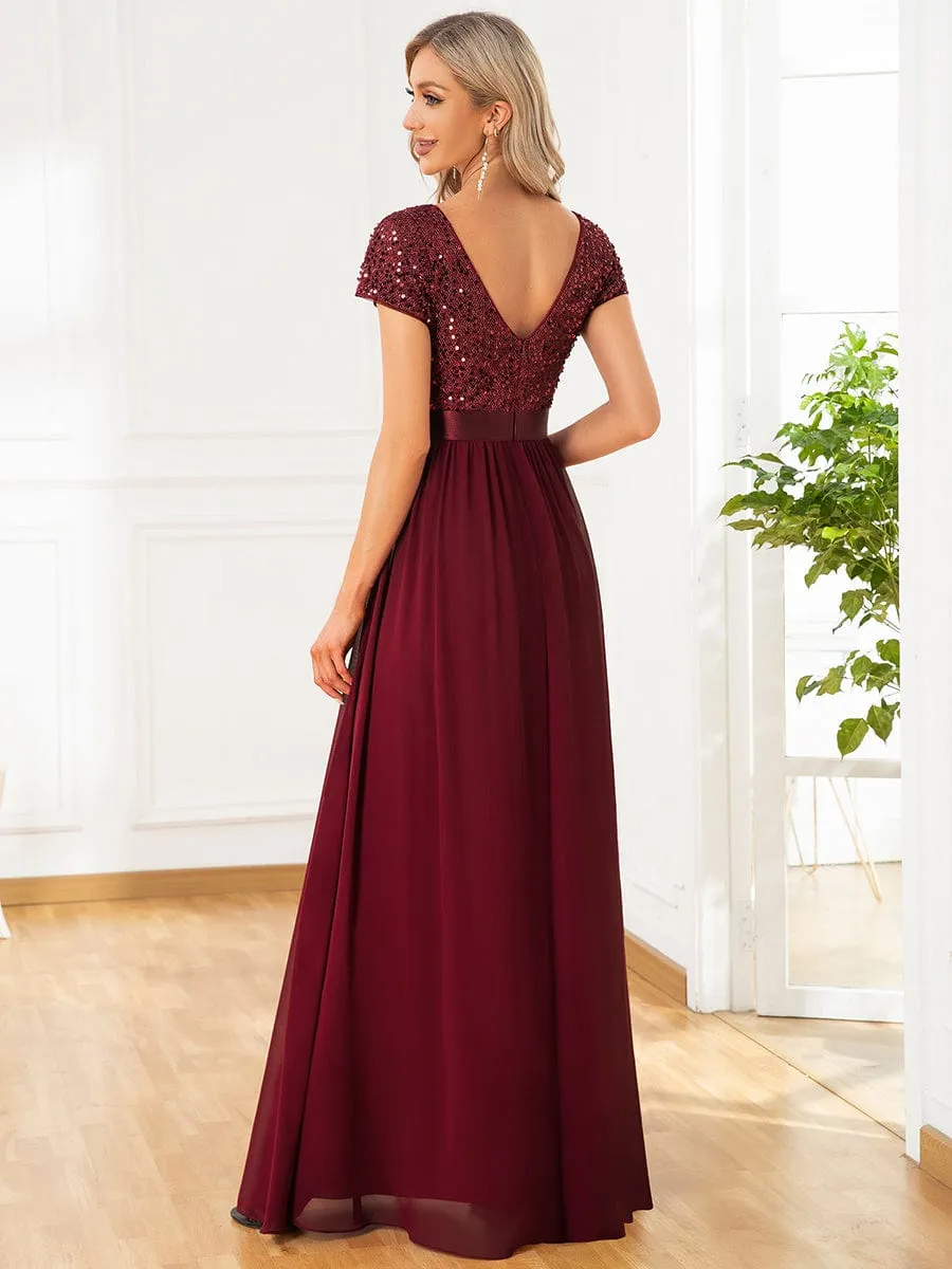 V-Neck Cap Sleeve Sequin & Chiffon Empire Waist Evening Dress