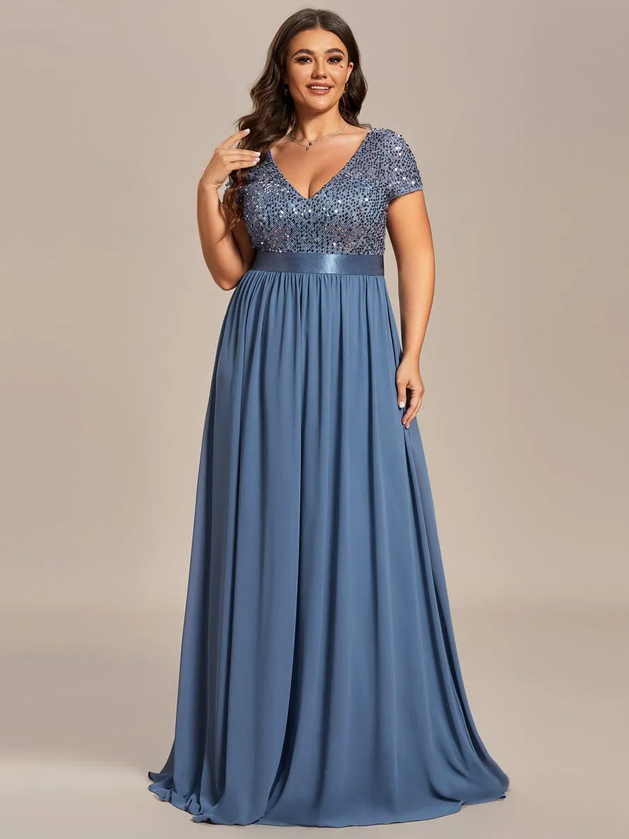 V-Neck Cap Sleeve Sequin & Chiffon Empire Waist Evening Dress