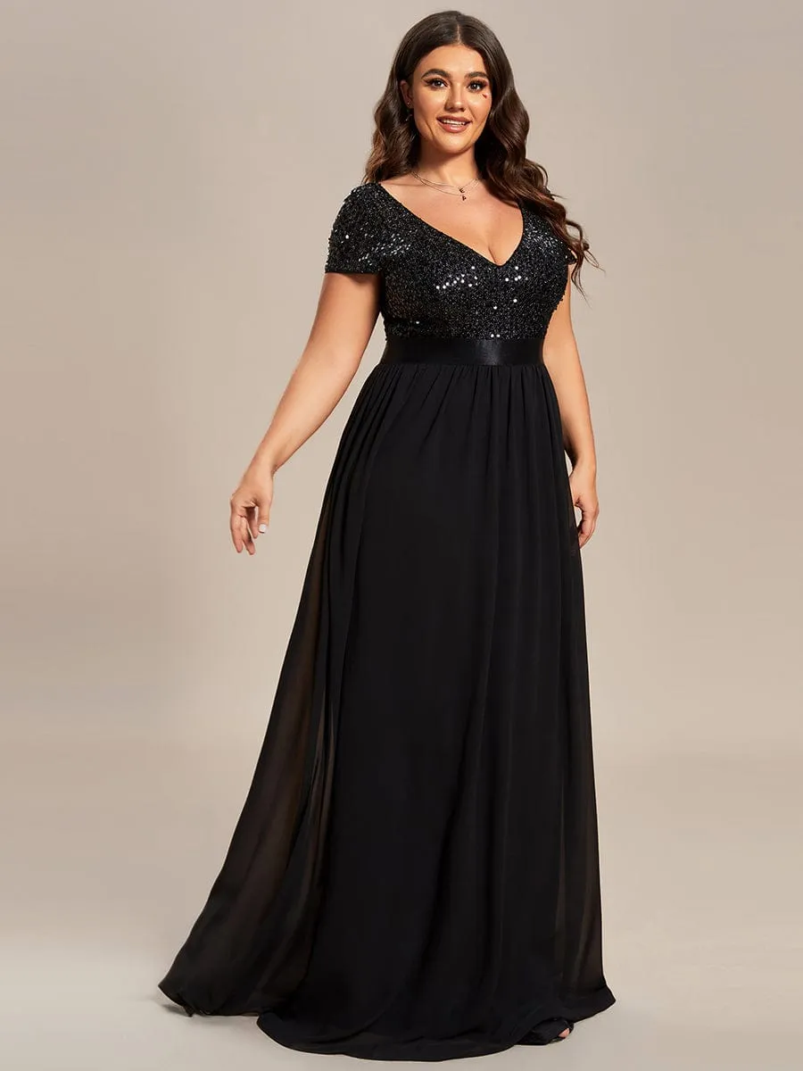 V-Neck Cap Sleeve Sequin & Chiffon Empire Waist Evening Dress