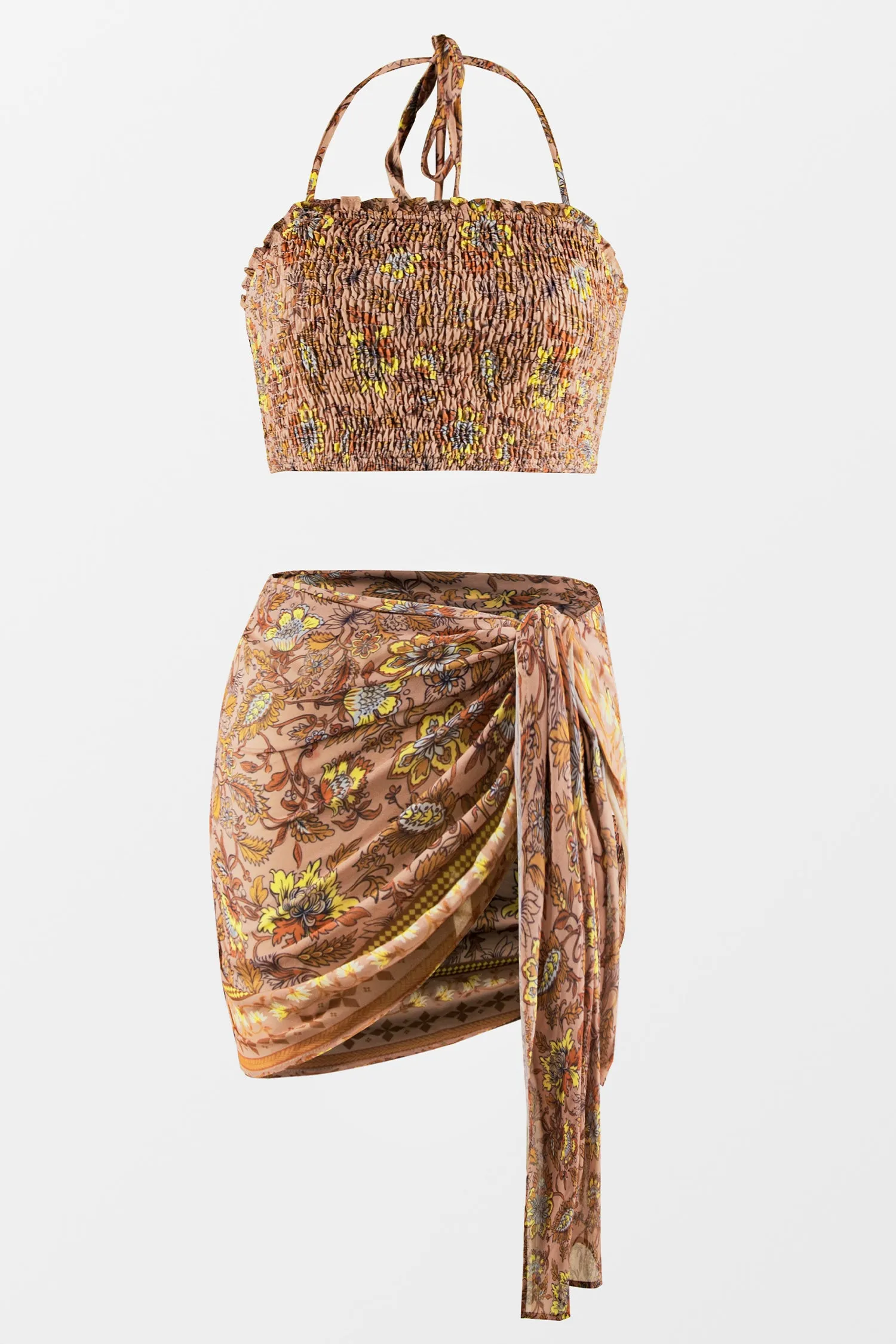 Vacation Paisley Print Smocked Crop Top & Sarong Set