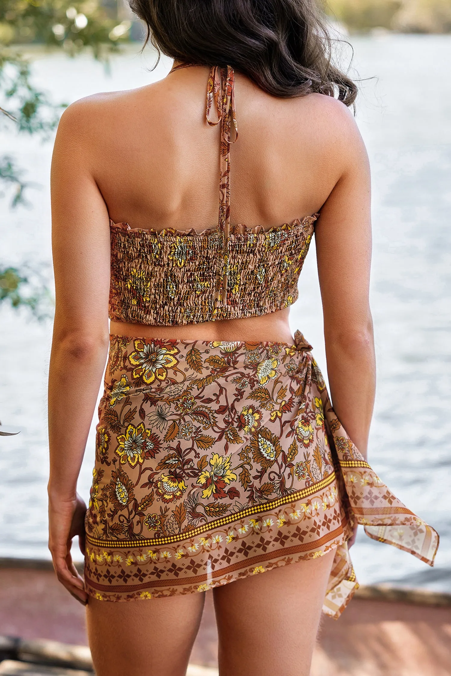 Vacation Paisley Print Smocked Crop Top & Sarong Set