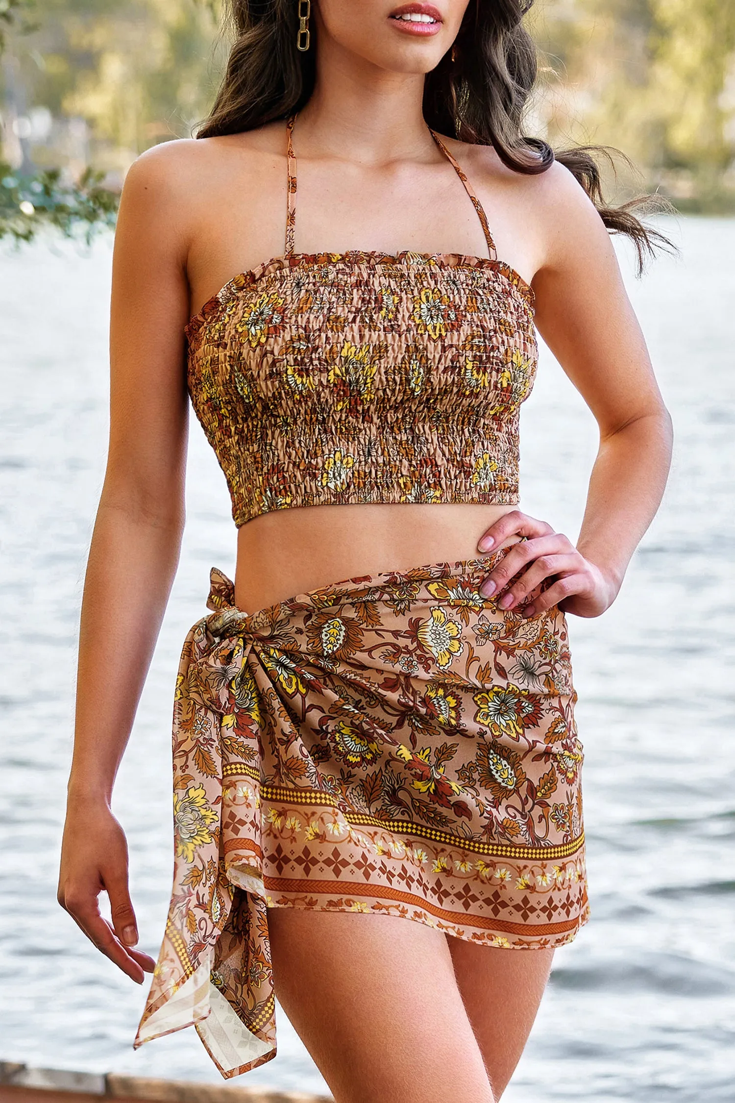 Vacation Paisley Print Smocked Crop Top & Sarong Set