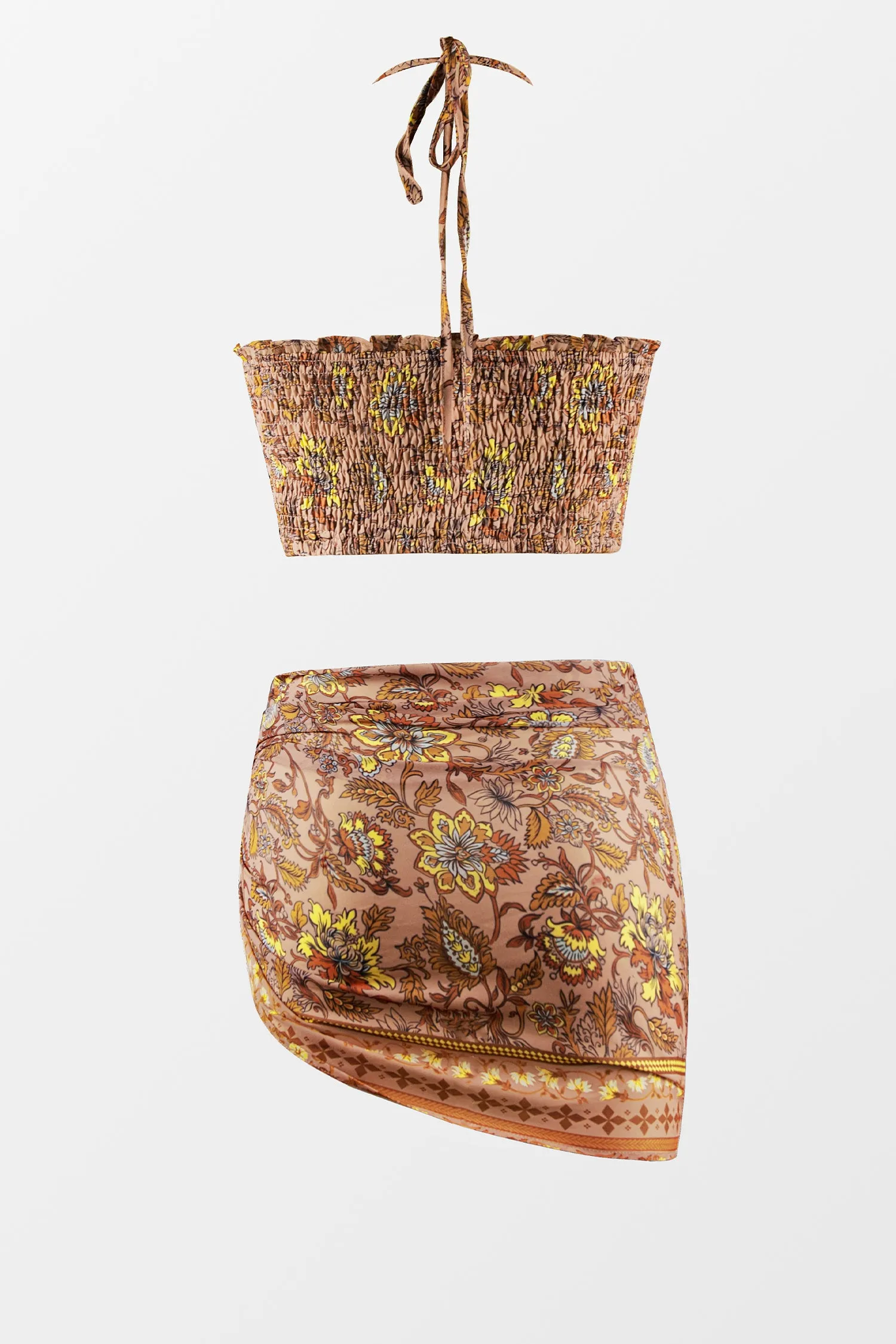 Vacation Paisley Print Smocked Crop Top & Sarong Set