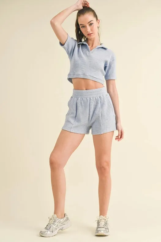 Waffle Knit Polo And Short Set Blue