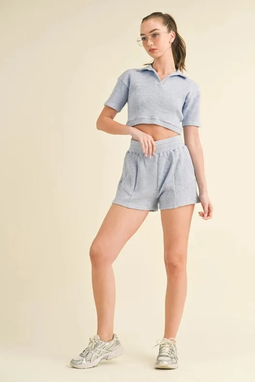 Waffle Knit Polo And Short Set Blue