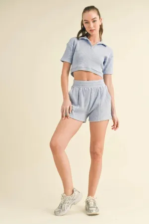 Waffle Knit Polo And Short Set Blue